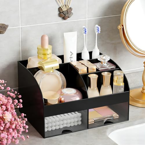 Makeup Organizer with 2 Drawers, Cosmetic Storage for Dresser Vanity and Bathroom Countertop,Make up organization and Skincare Storage with Beauty Brush Holder, Cosmetic Display Case 2Pcs Black