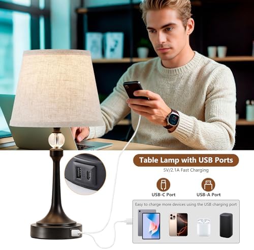 Touch Black Table Lamp Set of 2 with USB C+A Ports, Desk Lamp-19.7''