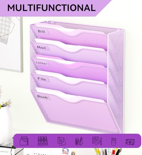 5 Pockets Hanging Wall File Organizer Mail Holder, Wall Mounted Paper Document Folder Holder, Clipboard Storage Organization Magazine Rack, Light Purple