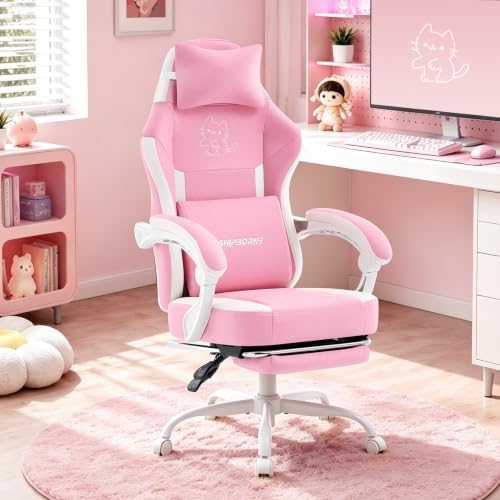 Gaming Chair, Ergonomic Computer Chair with Cat Embroidery, Pink