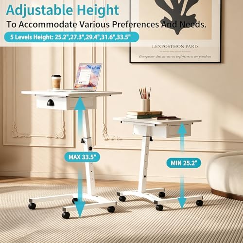 Rolling Standing Computer Desk With Drawer, Small Mobile Laptop Desk Cart