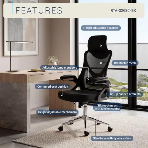 Mesh Home Office Desk Chair with Flip-Up Arms, Headrest & Lumbar Support