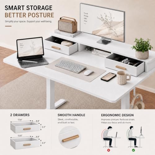 Grandder Electric Standing Desk with Two Drawers, Sit to Stand Up Height Adjustable Desk with Storage Shelf for Home Office, 47 * 24 Inch, Study, Ergonomic Adjustable Computer Desk, White