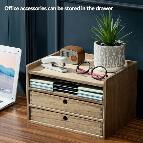 KIRIGEN Wooden Desk Organizer with 2 Drawers and Top Tray, Brown 3D2C-DBR