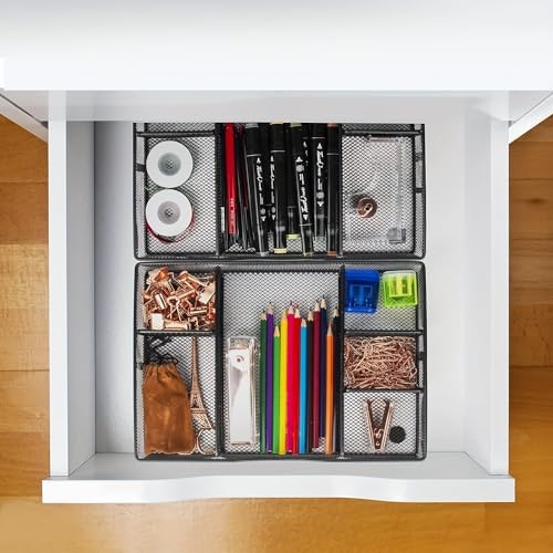 VyGrow Desk Drawer Organizer Tray, Metal Mesh Drawer Organizers Office, 6 Adjustable Compartment, Desk Organizer Tray for Home Office 12.87L x 8.73D x 1.96H inch, Black, 1PC Medium