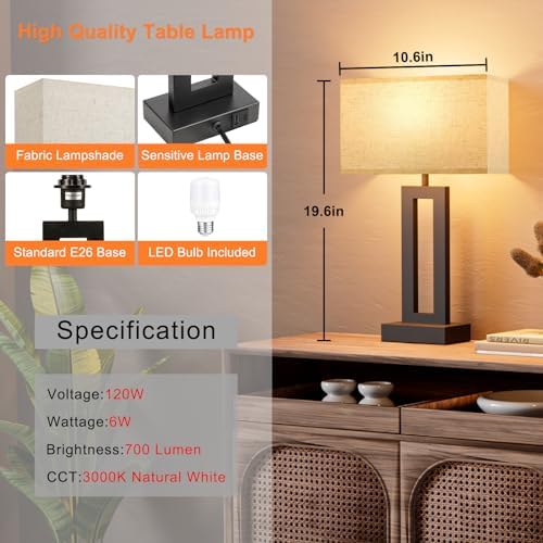 Nightstand Table Lamps for Bedrooms Set of 2 - Touch Bedside Lamp with USB C+A, 3 Way Dimmable Living Room Lamps for End Tables Set of 2, Modern Night Stand Lamps for Bed Side Guest Room(Cream)