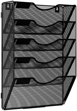 Wall Hanging File Holder 5 Pocket Wall Mounted Paper Organizer Magazine File Holder Storage Rack,Black