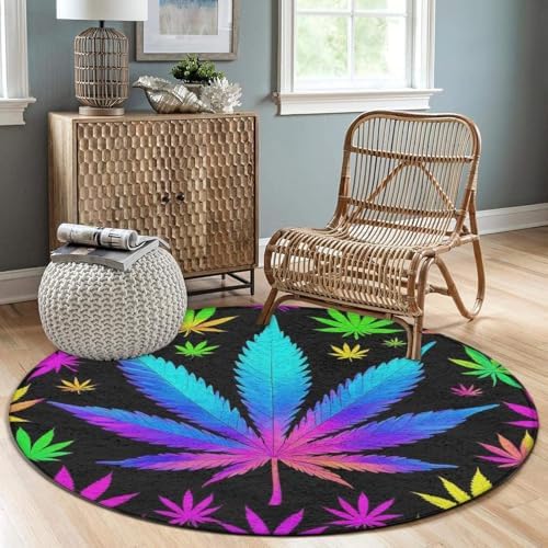 Large Machine Washable Circular Rugs, Home Decor Round Mat for Living Room Sofa Office Cool Trippy Weed Neon Tie Dye