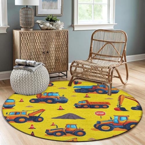 Soft Round Yoga Carpet, Office Chair Decor Round Mat for Carpet and Hardwood Floors Cute Yellow Truck Construction