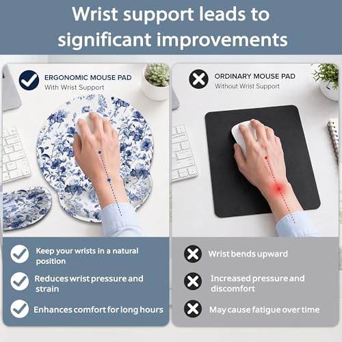 Ergonomic Keyboard and Mouse Wrist Rest Set, Blue Butterfly Flower Berry Mouse Pad with Non Slip Base, Soft Cloth Surface for Office and Home Typing Support