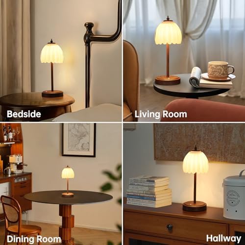 Shenmoyl Tulip Table Lamp with 5200mAh Battery & Touch Control, Small Cordless Table Lamp with 3 Colors, Rechargeable Battery Operated Table Lamps for Bedroom, Desk, Bedside (White-Walnut Color)