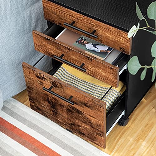 HOOBRO 3-Drawer File Cabinet, Wooden Under Desk Filing Cabinet, fits A4/Letter Size for Home Office, Small Rolling Storage Drawer Chest, Printer Stand with Drawers, Rustic Brown and Black BF02WJ01G1