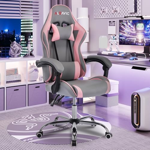 Gaming Chair with Massager, Fabric Gaming Chairs for Adults, Ergonomic Gamer Chair with Adjustable Headrest and Lumbar Support, Reclining Computer Game Chair, High Back, Frost Pink
