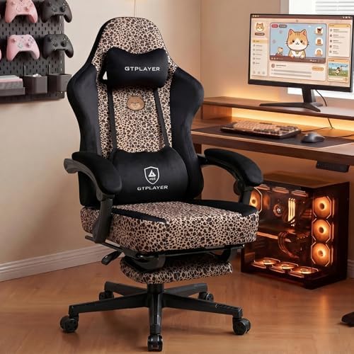 GTPLAYER Gaming Chair with Leopard Print Cat, Cute Velvet Fabric Ergonomic Office Chair with Footrest Headrest and Lumbar Support, Big and Tall Comfortable Video Gamer Chair for Women Gift