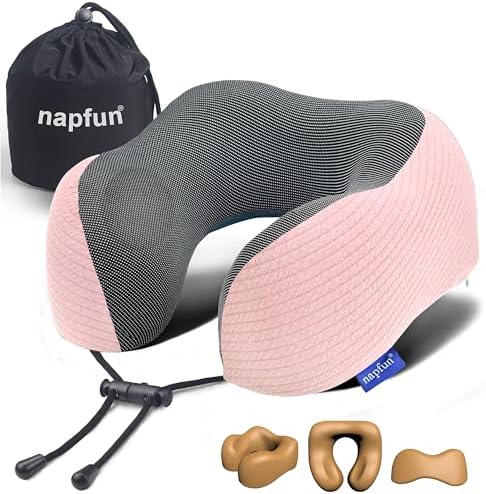 napfun Neck Pillow for Travel, Memory Foam Airplane Pillow, Pink