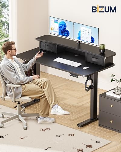 BIZUM Standing Desk with 2 Drawers Computer Desk-Stand up Desk Home Office Gaming Memory Desks C-Clamp Mount Compatible, 48x24 Inch Black