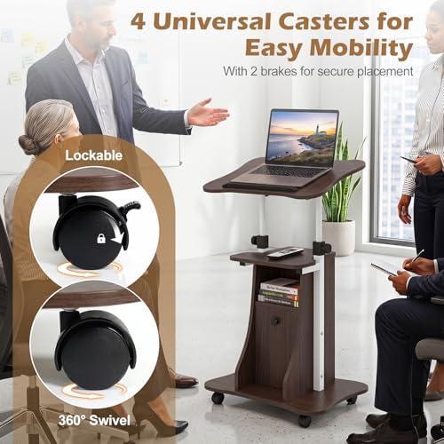 Tangkula Rolling Lectern Podium Stand, Height Adjustable Laptop Table with Tilting Tabletop & Storage Shelves, Compact Standing Desk with Lockable Casters for Home Office School (Brown)