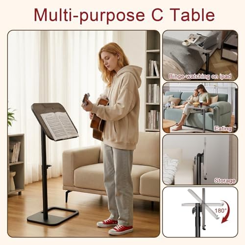 Height Adjustable Tv Trays Table for Sofa, Modern Angle Adjustable 360° Swivel and 180° Tilt Flip-Over Panel C Shaped Side Tables with Tablet Slots for Phone Computer (Grey)