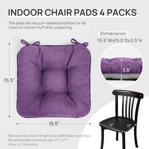 Love's cabin Memory Foam Chair Cushions Set of 4, 15.5 Inch, Purple