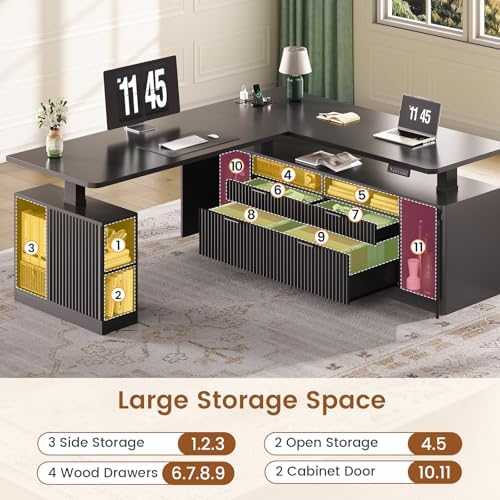 SEDETA Fluted L Shaped Executive Electric Standing Desk with 4 Drawers