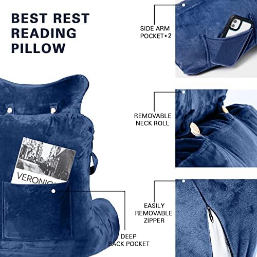 SLIGUY Reading Pillow-Bed Rest Pillow with Detachable Neck Roll & Higher Support Arm for Sitting in Bed Couch or Floor-Backrest Reading Pillow Adult Back Pillow for Reading/Watching TV/Gaming,Blue