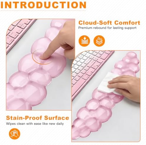 Cloud Keyboard and Mouse Wrist Rest Set, Clear Gel Keyboard Mouse Wrist Rest Support Pad for Typing Pain Relief, Cute Aesthetic Desk Decor Accessory for Home Office Dorm(Pink)
