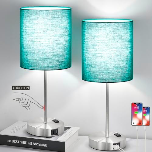 Lynnoland Green Touch Table Lamps Set of 2 with 2 USB & AC Outlet, 3-Way Dimmable Bedside Nightstand Lamps for Bedroom Lamps Living Room Nursery, 800 Lumens 5000K Daylight Bulbs Included