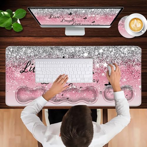 Keyboard Wrist Rest and Mouse Pad with Wrist Support Set Ergonomic Coaster,Memory Foam,Easy Typing Pain Relief,Large XL Desk Mat 31.5"x 11.8",Pink Glitter Quote Live Love Laugh