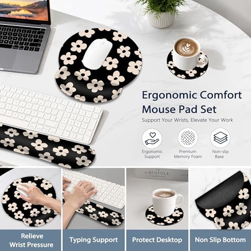 Ergonomic Keyboard and Mouse Wrist Rest Set, Abstract Black Flower Mouse Pad with Non Slip Base, Soft Cloth Surface for Office and Home Typing Support