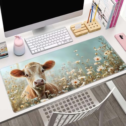 Flower and Little Cow XL Mouse Pad,Large Mouse Pad Gaming 31.5 x 11.8 in Mouse Mat Desk Pad,Extended Keyboard Mousepad Large Desk Mat with Non-Slip Rubber Base and Stitched Edge for Home Office