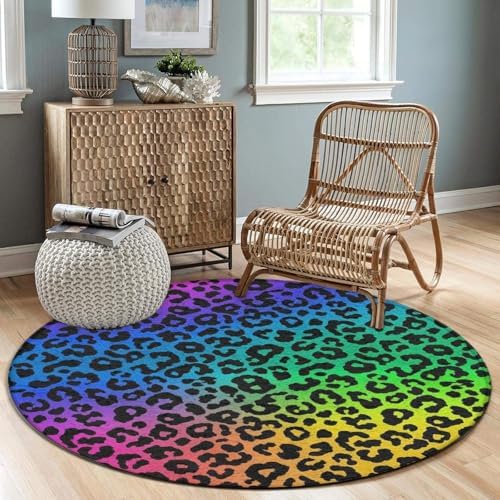 Women's Large Home Decor Mat, Soft Round Yoga Carpet, Non Slip Machine Washable Home Office Circle Rug Colorful Cheetah Leopard Animal Print Rainbow, 24inch