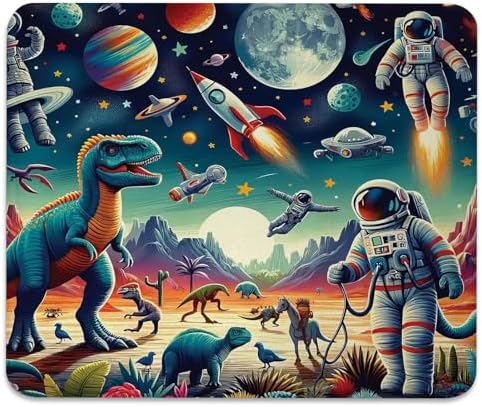 Outer Space Mouse Pad, Surreal Rocket Dinosaur Planet Astronaut Desk Mat