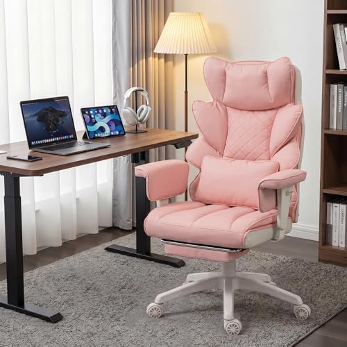 Dowinx Big and Tall Office Chair with Pocket Spring Cushion,High Back Computer Gaming Chairs with Adjustable Armrests,Executive Desk Chairs with Lumbar Support and Footrest,PU-Pink