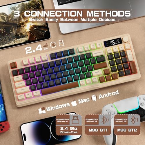 LexonElec M96 Wireless Gaming Keyboard,Knob Control Bluetooth/2.4G Wireless Mechanical Feeling Keyboard,RGB LED Backlit with Display Screen, PBT Keycap, 3000mAh, 94-Key Layout for Win/Mac(Coffee)