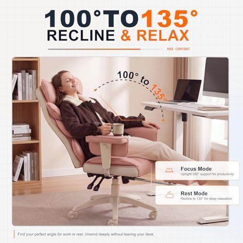 Dowinx Big and Tall Office Chair with Pocket Spring Cushion,High Back Computer Gaming Chairs with Adjustable Armrests,Executive Desk Chairs with Lumbar Support and Footrest,PU-Pink