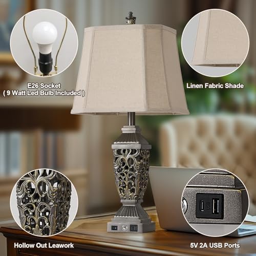 AIDENOEY 27.5“ Farmhouses Table Lamp with USB & USB-C Charging Ports, 3-Color Dimmable & Stepless Bottom Dimming, Touch Control & Switch, Vintage Bedside Lamp for Bedroom Living Room Office,(Brown)