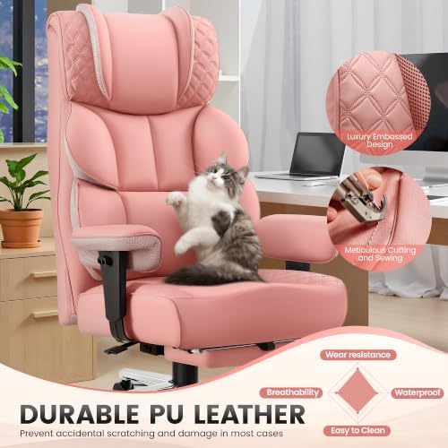 BestGlory Office Desk Chair, Big and Tall Leather Gaming Chair with Footrest, Ergonomic Comfy Executive High-Back Reclining Computer Chairs, Wide Swivel Rolling Wheels and Padded Lumbar Support, Pink