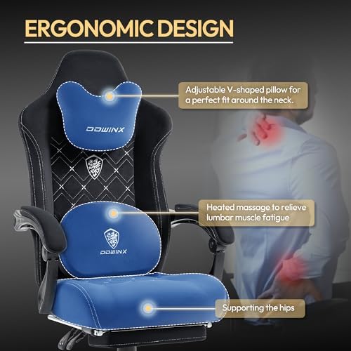 Dowinx Gaming Chair with Heated Massage Lumbar Support,Big and Tall Fabric Gaming Chairs for Adults with Footrest, Ergonomic Computer Game Chair with Poket Spring Cushions, 350lbs, Black and White