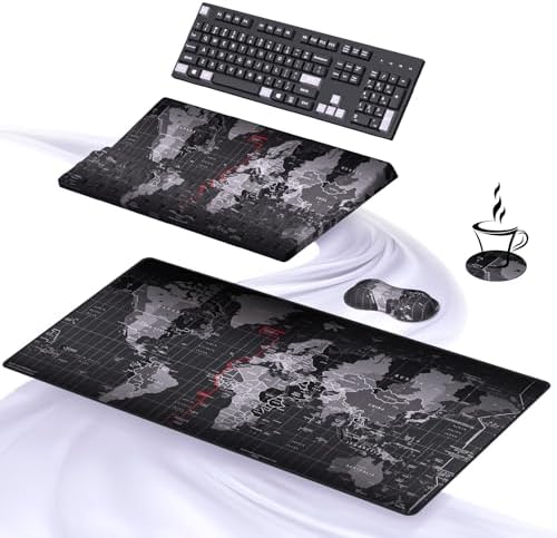 Ospelelf Ergonomic Mouse Pad and Keyboard Stand Wrist Rest Pad Set with Large Mousepad, Memory Foam Comfort, Premium Office Desk Accessories for Pain Relief and Efficiency, Black Map
