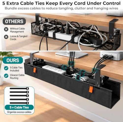 Fabric Under Desk Cable Management Tray 35.4” No Drill with Cable Ties