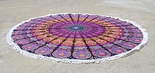 Round Beach Tapestry Turquoise Mandala Throw/Boho Hippie Beach Blanket Roundie/Indian Cotton Bohemian Large Round Table Cloth-Home Decor/Yoga Mat Meditation Picnic Rug (42", Pink And Yellow)