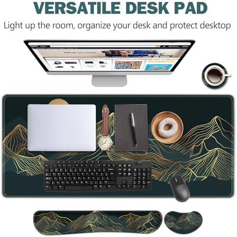 AIMSA Keyboard Mouse Pad Wrist Rest Set, Extended Desk Mat+ Ergonomic Mouse Pad with Wrist Rest+ Keyboard Wrist Support+ Coaster, 35x15.7in Large Desk Pad, Abstract Gold Sun Mountain