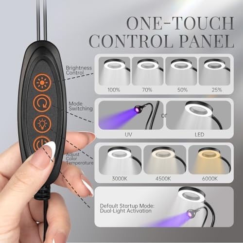 krofaue Dual Head UV Nail Lamp with 6X Magnifier, 3 Color Temps, Clip
