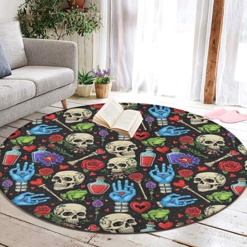 Fashion Round Area Rug Large Non Slip Carpet, Halloween Goth Skull Mushroom Vampire Magic Witch Witchcraft Unisex Home Decor Mat, 60inch