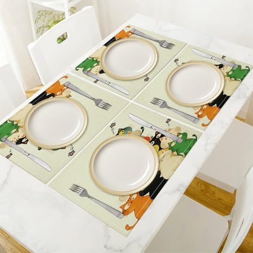 Colorful Cats Stack Linen Placemats Set of 2PCS, Heat Resistant Non-Slip Washable Table Placemats for Dining Everyday Use Hotel Banquet Home Decor