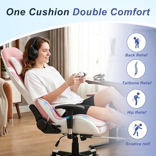 Seat Cushion for Office Chair and Car, Ergonomic Memory Foam Seat Cushion with Lumbar Support Pillow, Orthopedic Cushion for Sciatica & Back Pain, Pink & Light Gray