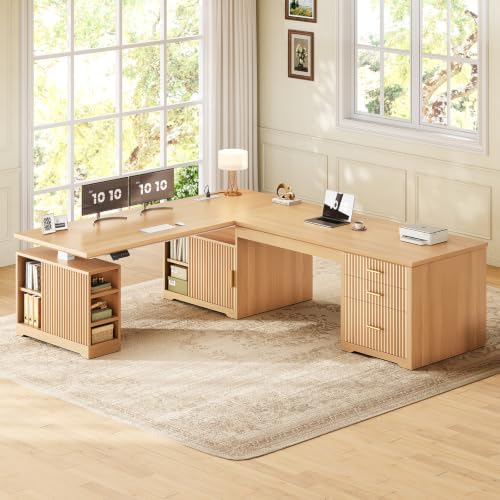 SEDETA Fluted L Shaped Standing Desk with Storage for Home Office, Oak