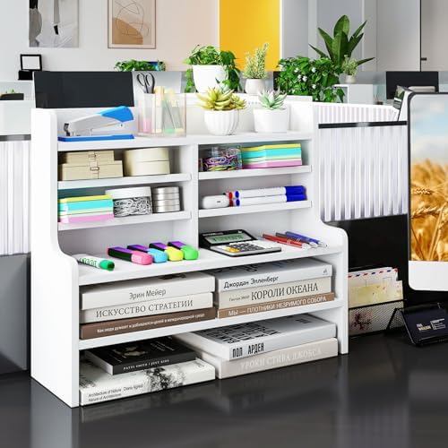 Tangkula Double 6-Tier Desktop File Organizer, Wooden Mail Letter Tray Organizer with 4 Removable Shelves for Papers, Folders & Office Supplies, Space-Saving File Holder for Small Spaces & Office