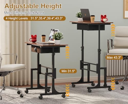 Adjustable Height Standing Desk With Drawer, Rolling Sit Stand Up Desk With Wheels, Small Sit To Stand Computer Desk, Adjustable Desktop Height, On Wheels, Brown, For Walking Pad Laptop Treadmill