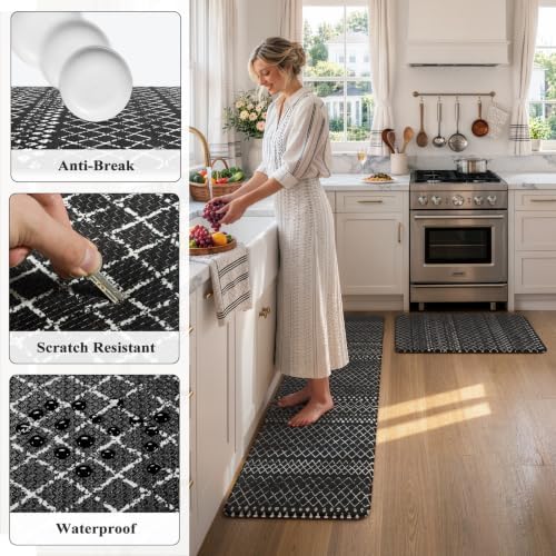 KIMODE Kitchen Mats Cushioned Anti Fatigue, Black Kitchen Rugs Sets of 2